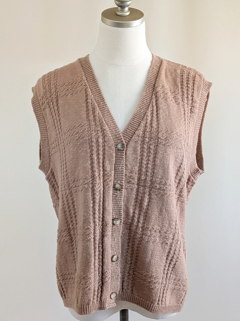1994 Vintage 100% Cotton Cable Knit Sweater Vest Cardigan in Latte Brown sz L